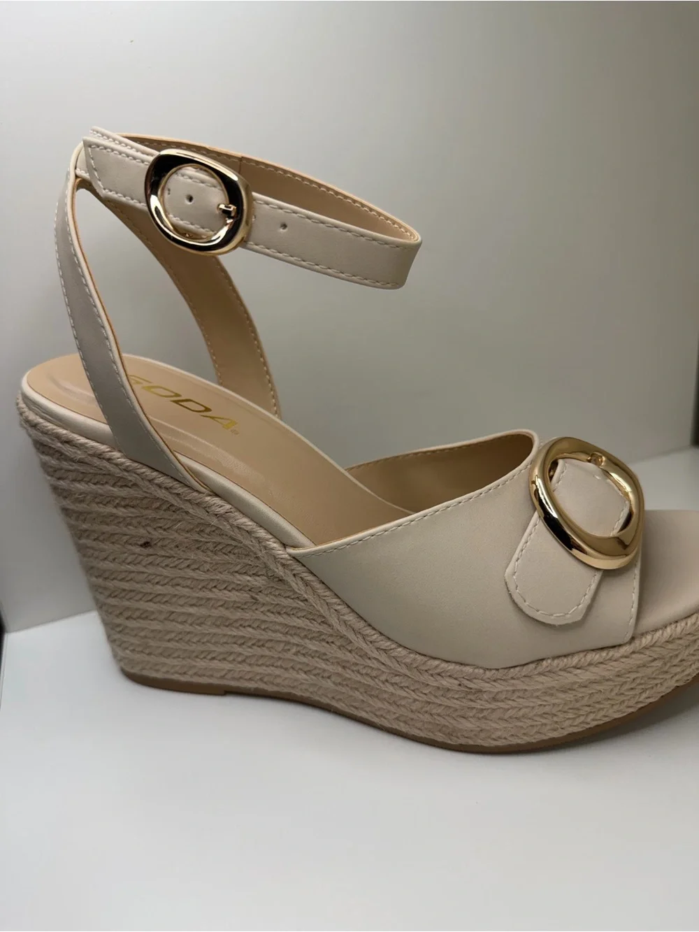 Wedge Espadrille Sandals with Gold Buckle — Cream